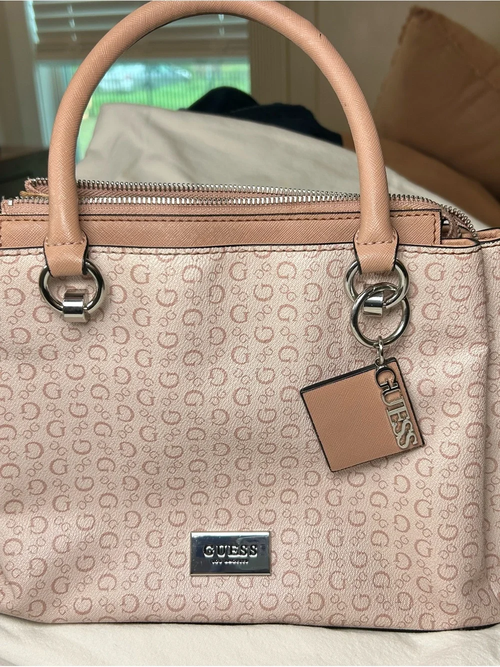 GUESS Blush Pink Monogram Satchel with darker pink  Handles